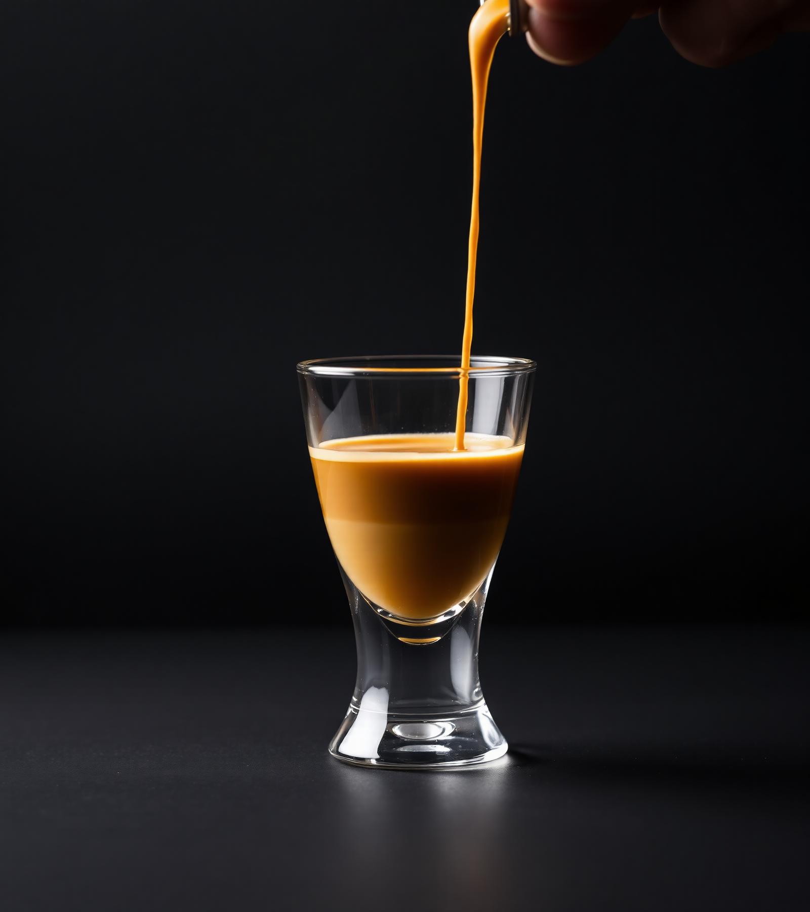 An espresso shot pouring, thick golden crema