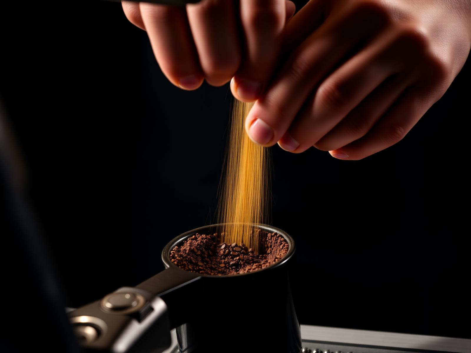 Hands preparing espresso grounds in a portafilter